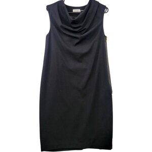 Calvin Klein Black Sleeveless Cowl Neck Sheath Dress Gold Medallion Zipper Sz 6